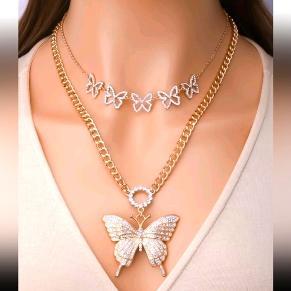 Luxury Rhinestone Cuban Butterfly Set Necklaces - Picture 1 of 7
